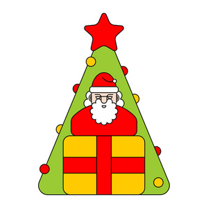 圣诞老人, 圣诞树和盒子。新年矢量图案