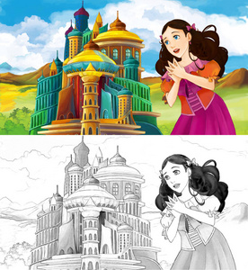卡通场面与美丽的公主在雄伟的城堡附近与 artisric 着色页例证为孩子