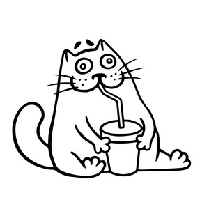 滑稽的猫从管子里喝可乐.可爱卡通宠物字符照片