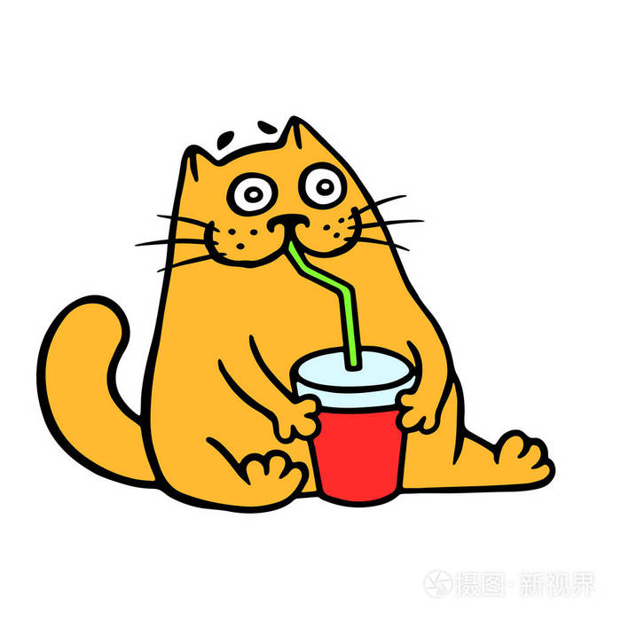 欢快的猫喝一桶可乐和稻草.滑稽卡通宠物字符