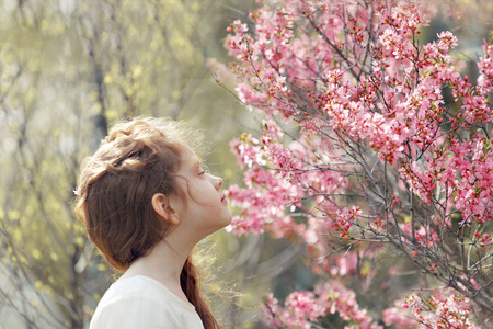 微妙的香气小女孩闭上眼睛, 呼吸着一棵开花的树的香气.照片