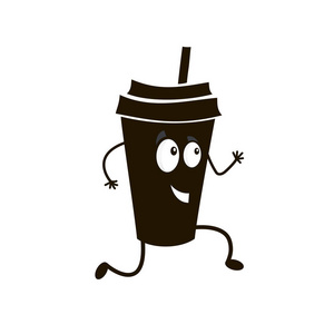 滑稽的字符咖啡杯子奔跑黑眼睛微笑咖啡馆菜单拿铁卡布奇诺咖啡用手在白色背景的腿上