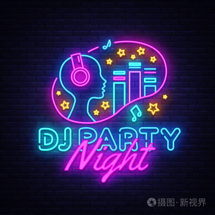 夜晚会设计模板霓虹灯标牌, dj 音响广告灯横幅, 霓虹灯招牌, 夜间