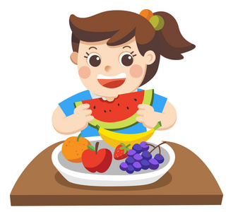 一个小女孩很高兴吃水果。她爱水果