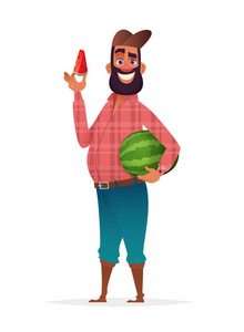 Chifull 农夫拿着一片西瓜。字符设计插图