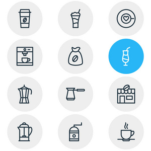 矢量图 12 java 图标线样式。可编辑的一组拿铁, 麻袋, 摩卡磨床和其他图标元素