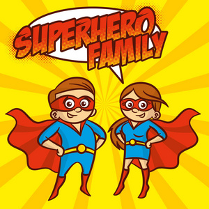 超级英雄家庭超级英雄卡通人物矢量插画