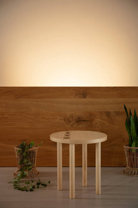 圆木桌在植物之间在极小的客厅内部与光。真实照片