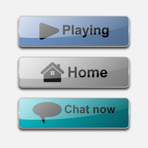 3d 光泽动作网页按钮矢量设计。玩, 回家, 聊天现在的网站按钮