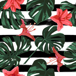 热带印刷。丛林无缝模式。夏威夷花卉矢量热带夏季主题