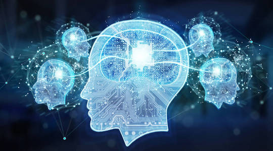 人工智能数字大脑在蓝色服务器后台3d 渲染照片