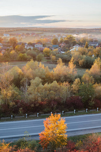 从高处看道路的美丽景色。秋天