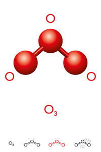 臭氧臭氧, o3, trioxygen, 分子模型和化学公式.