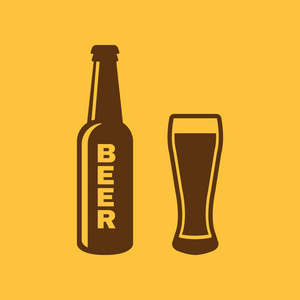 瓶子和杯子啤酒图标。啤酒和酒吧，酒吧的象征。用户界面。Web。徽标。标志。平面设计。App.Stock