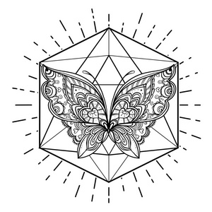 黑色和白色的蝴蝶在神圣的几何符号, 孤立的矢量插图。纹身素描。神秘的符号和昆虫。炼金术, 神秘主义, 灵性, 着色书。手工绘制的