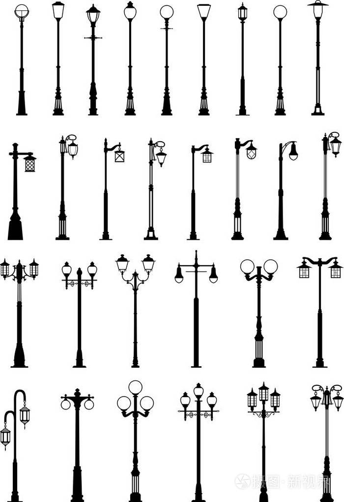 组的不同类型的路灯孤立在平面样式中的白色背景的黑色剪影.矢量图