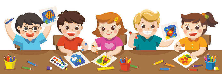 快乐的创意孩子在艺术课上玩耍绘画素描。回学校去教育与享受理念