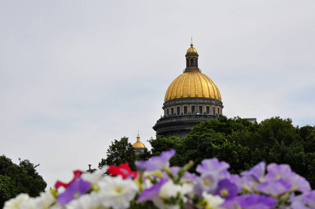 在圣彼得堡 俄罗斯 的圣艾萨克大教堂和鲜花
