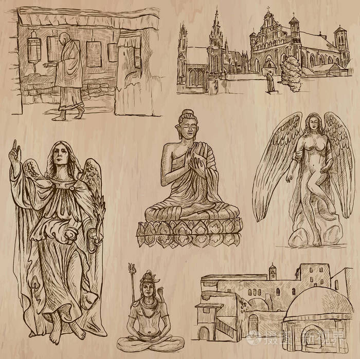 插画 向量组的与世界各地的宗教.手绘集合.eps