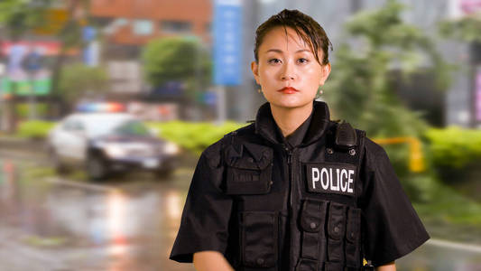 亚裔美国女警官在犯罪现场寻找严重