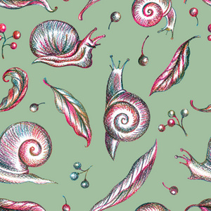 在浅绿色背景下, 蜗牛葡萄叶子和浆果的无缝图案, 手绘