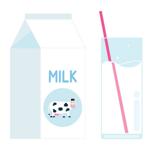 日记产品牛奶包与奶牛在圆圈和牛奶玻璃与稻草扁平式设计矢量插图隔离在白色背景。简约平板设计箱牛奶及玻璃包装盒