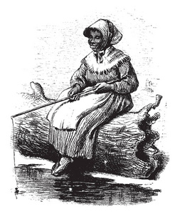 在这张照片中, 一个女人坐在木制的树上, 她我做钓鱼, 复古线画或雕刻插图