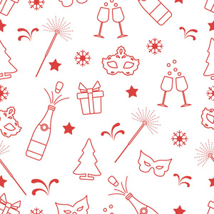 具有新年符号的无缝图案。礼品, 烟花, 瓶子和酒杯, 香槟, 圣诞树, 面具, 星星, 雪花