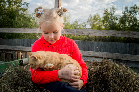 一个小漂亮的女孩在谷仓散步与山羊, 帮助照顾宠物照片