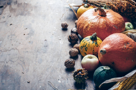 感恩节仍然生活与农作物的木材背景。传统感恩节晚餐概念与秋天南瓜装饰