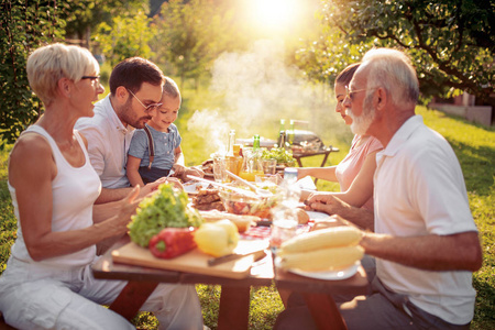 快乐的大家庭在夏日花园聚会上吃午饭.人, 食物, 爱和幸福概念照片