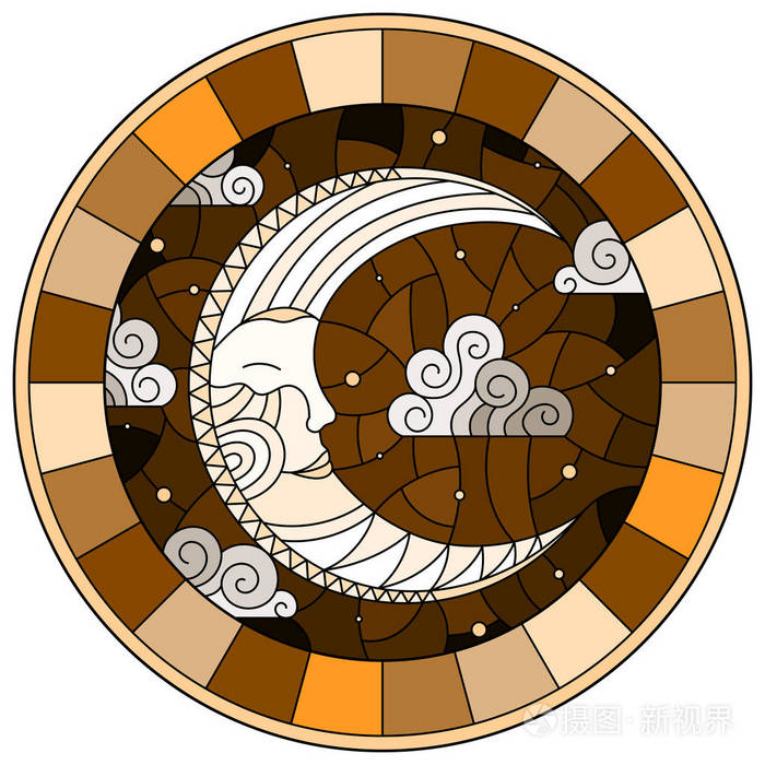 插图在彩色玻璃风格与月亮在多云的天空背景, 圆形图像, 色调棕色