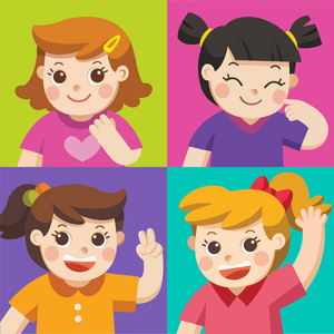 不同的化身的集合不同姿势的孩子的集合.颜色背景女孩的化身照片