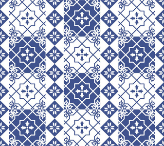 矢量无缝瓷砖背景葡萄牙风格。蓝色和白色马赛克边框。荷兰, 葡萄牙, 西班牙, 意大利风格的陶瓷瓷砖