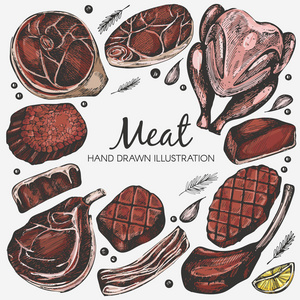 向量集与彩色肉类产品在白色背景。手绘插图