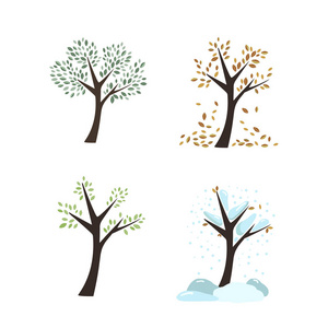 秋冬树矢量四季秋冬春夏树树叶树干森林花园图标自然颜色在白色背景上