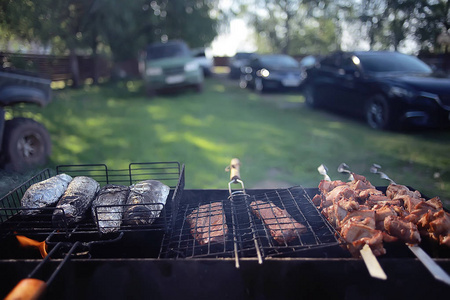 烤猪肉排骨在烧烤炉上烹调煤新鲜肉猪肉烧木炭, 夏天家常菜, 烤排骨
