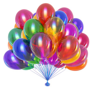 气球多彩多姿的生日装饰。方氦气球束五彩发亮。狂欢节, 庆典, 欢快, 有趣的象征。3d 插图