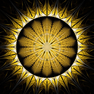 美丽的对称分形太阳, 焦点, 圆圈, 黄色, 数码艺术品为创意平面设计。计算机生成的图形
