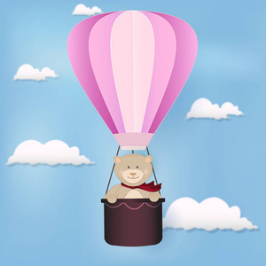 泰迪熊和漂浮在天空的热气球插图背景贺卡, 淋浴卡