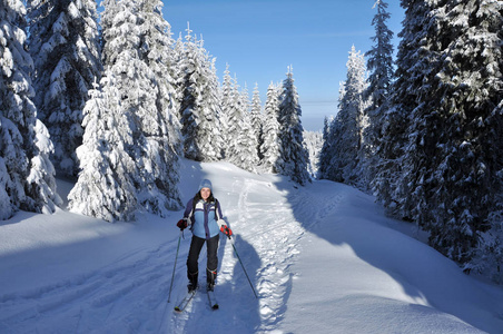 滑雪旅游在美丽的冬天山