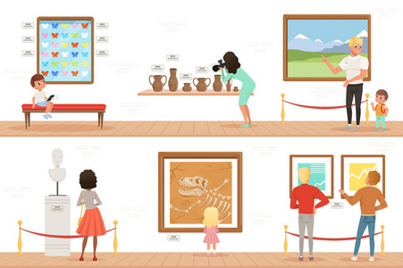 卡通人物参观艺术博物馆.画廊中的绘画,蝴蝶收藏和雕塑.