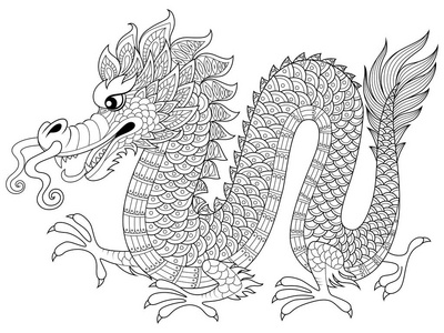 中国抗疫情在 zentangle 风格的中国龙.成人的抗应激着色页照片