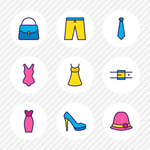 插图9衣服图标有色线。可编辑的妇女帽子, 袋子, 女性鞋和其他图标元素集