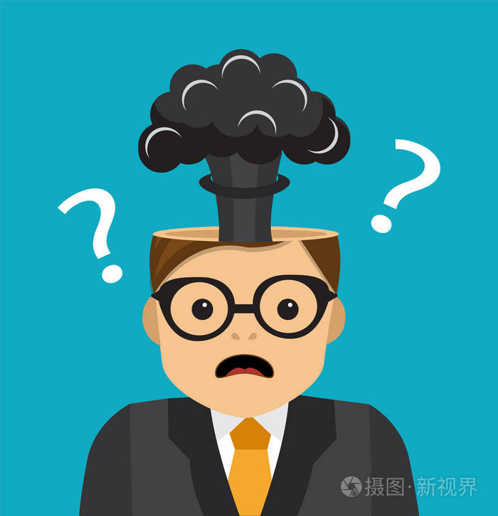 一个生意人解决不了一个难题 脑袋里有一个爆炸的大脑和问号的背景.
