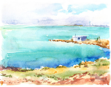 海景蓝色海水海岸地中海水彩景观例证