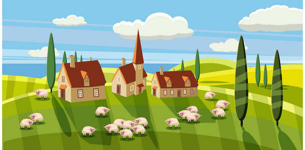 乡村风光, 绵羊放牧, 农场, 花卉, 牧场, 卡通风格, 矢量插画
