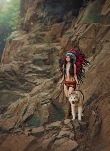 这个女孩有民族装饰品.大狗阿拉斯加阿拉斯加美洲原住民妇女.