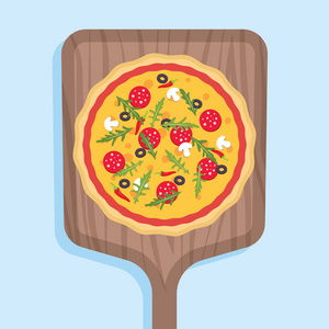 木铲上的比萨饼。意大利比萨店。蓝色背景上的矢量插图