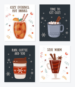 矢量明信片收集与热饮料和舒适的口号在平面设计。热巧克力, 咖啡, 可可和棉花糖, 热饮。秋冬假期